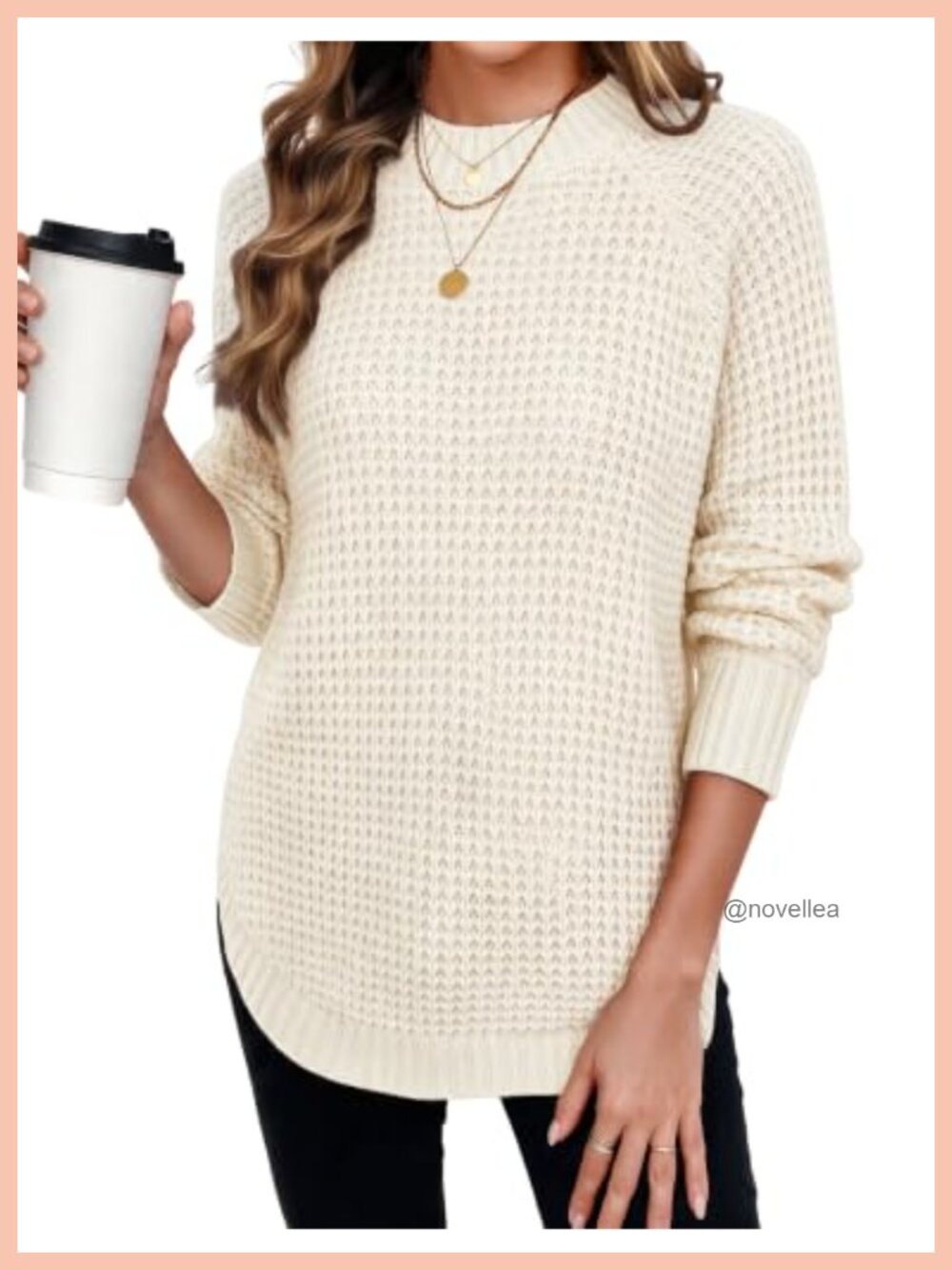 Womens Chunky Waffle Knit Long Pullover Sweater Crew Neck Acrylic